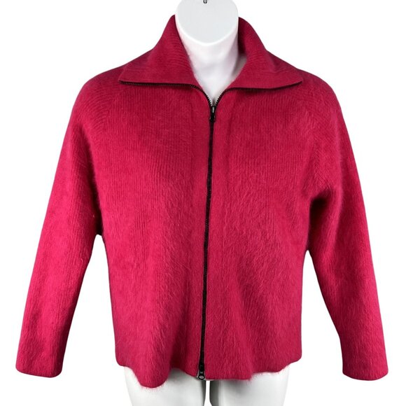Vintage VENESHA Womens L 80% Angora Fuzzy Fuchsia Zip Sweater Jacket Old Money - Picture 8 of 16